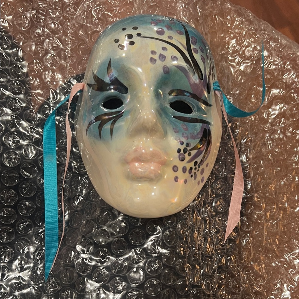 Vintage 80s porcelain mardi gras masquerade Blue and Pink painted Mask